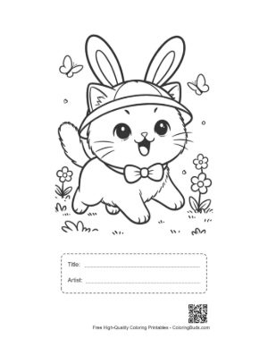 Thumbnail: Cute Baby Cat with a Bunny Hat Perched on a Tree Limb Printable with Title and Artist Box