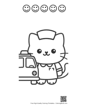Thumbnail: Cute Kitten Medical Worker with a Nurse Hat and Ambulance Printable and 5 Happy Face Outline