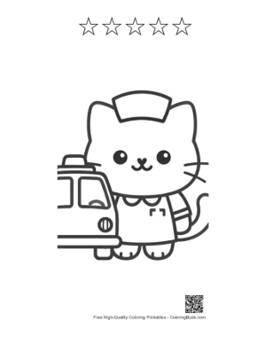 Thumbnail: Cute Kitten Medical Worker with a Nurse Hat and Ambulance Printable and 5 Star Outline
