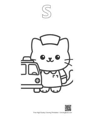 Thumbnail: Cute Kitten Medical Worker with a Nurse Hat and Ambulance Printable Outline Alphabet S