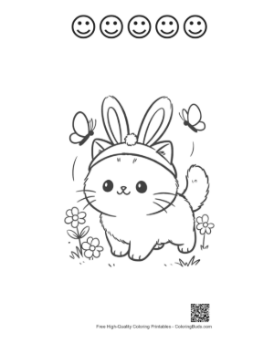 Thumbnail: Little Kitten Wearing a Bunny Headband in a Grassy Field Printable and 5 Happy Face Outline