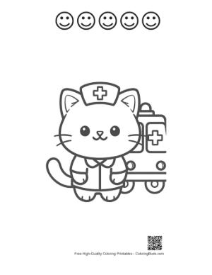 Thumbnail: Sweet Kitten Nurse Standing in Front of a Medical Vehicle Printable and 5 Happy Face Outline