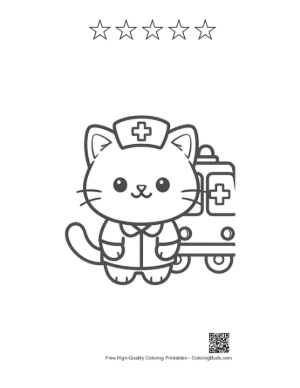 Thumbnail: Sweet Kitten Nurse Standing in Front of a Medical Vehicle Printable and 5 Star Outline