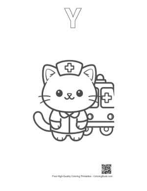 Thumbnail: Sweet Kitten Nurse Standing in Front of a Medical Vehicle Printable Outline Alphabet Y