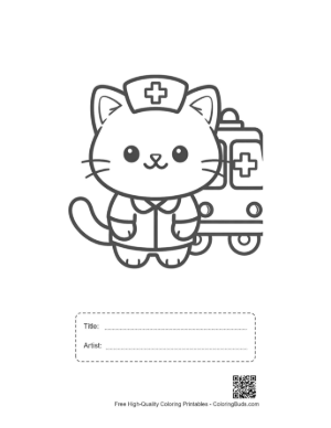 Thumbnail: Sweet Kitten Nurse Standing in Front of a Medical Vehicle Printable with Title and Artist Box