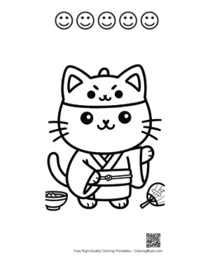 Thumbnail: Adorable Cat in a Kimono Wearing a Mask with Ears Printable and 5 Happy Face Outline