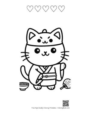 Thumbnail: Adorable Cat in a Kimono Wearing a Mask with Ears Printable and 5 Heart Outline