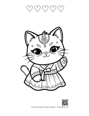 Thumbnail: Adorable Cat in a Traditional Kimono Wearing a Flowery Mask Printable and 5 Heart Outline