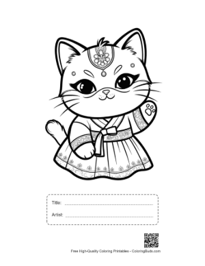 Thumbnail: Adorable Cat in a Traditional Kimono Wearing a Flowery Mask Printable with Title and Artist Box