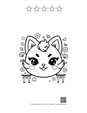 Thumbnail: Cheery Cat Face with a Decorative Mask and Floral Accents Printable and 5 Star Outline