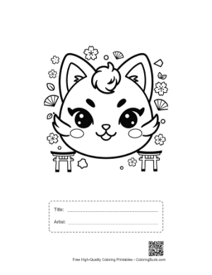 Thumbnail: Cheery Cat Face with a Decorative Mask and Floral Accents Printable with Title and Artist Box