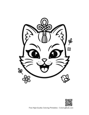 Thumbnail: Cute Cat Face Mask with Traditional Bell and Flower Details Printable