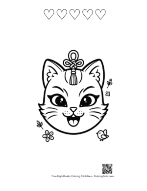 Thumbnail: Cute Cat Face Mask with Traditional Bell and Flower Details Printable and 5 Heart Outline
