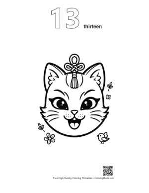 Thumbnail: Cute Cat Face Mask with Traditional Bell and Flower Details Printable Outline Number 13