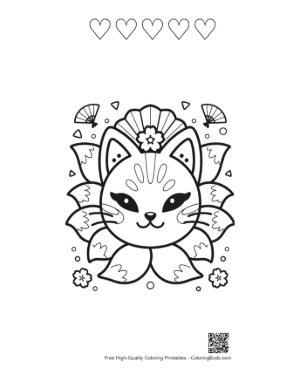 Thumbnail: Cute Cat Face with a Floral Mask and Petal Decorations Printable and 5 Heart Outline