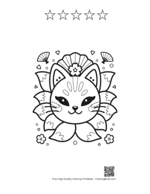 Thumbnail: Cute Cat Face with a Floral Mask and Petal Decorations Printable and 5 Star Outline