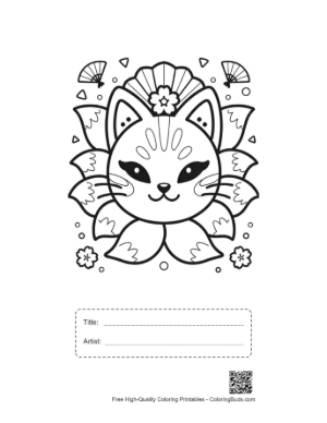 Thumbnail: Cute Cat Face with a Floral Mask and Petal Decorations Printable with Title and Artist Box