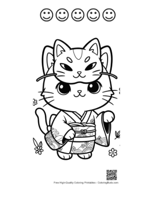 Thumbnail: Cute Cat in a Floral Kimono with a Mask on Its Forehead Printable and 5 Happy Face Outline