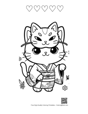 Thumbnail: Cute Cat in a Floral Kimono with a Mask on Its Forehead Printable and 5 Heart Outline