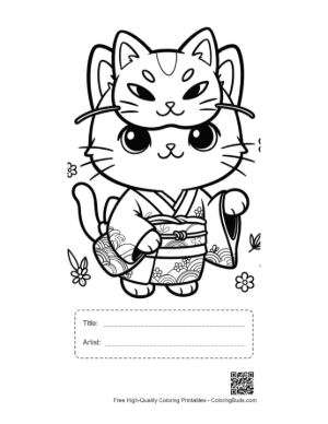 Thumbnail: Cute Cat in a Floral Kimono with a Mask on Its Forehead Printable with Title and Artist Box