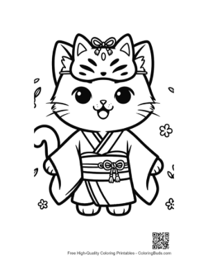 Thumbnail: Happy Kitten in a Kimono with a Decorative Japanese Mask Printable