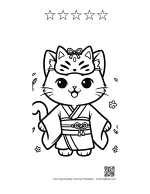 Thumbnail: Happy Kitten in a Kimono with a Decorative Japanese Mask Printable and 5 Star Outline