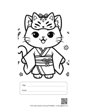 Thumbnail: Happy Kitten in a Kimono with a Decorative Japanese Mask Printable with Title and Artist Box
