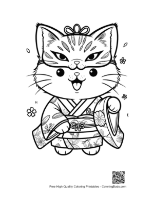 Thumbnail: Happy Kitten in a Traditional Kimono Wearing a Decorative Mask Printable