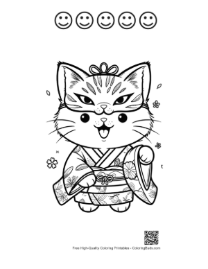 Thumbnail: Happy Kitten in a Traditional Kimono Wearing a Decorative Mask Printable and 5 Happy Face Outline
