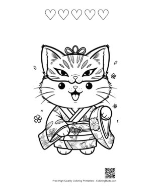 Thumbnail: Happy Kitten in a Traditional Kimono Wearing a Decorative Mask Printable and 5 Heart Outline