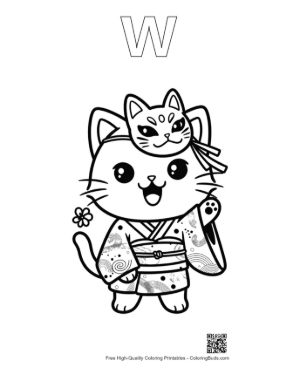 Thumbnail: Kitten Character in a Kimono with a Mask Perched on Its Head Printable Outline Alphabet W