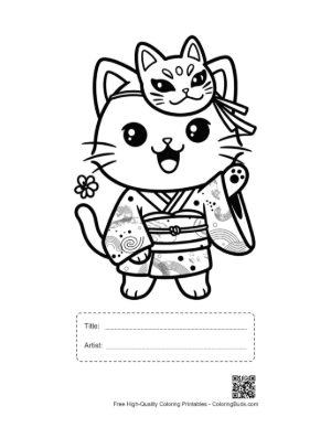 Thumbnail: Kitten Character in a Kimono with a Mask Perched on Its Head Printable with Title and Artist Box