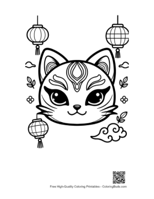 Thumbnail: Kitten Wearing a Decorative Mask with Lantern and Flower Elements Printable