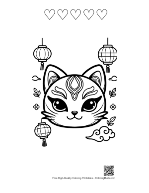 Thumbnail: Kitten Wearing a Decorative Mask with Lantern and Flower Elements Printable and 5 Heart Outline
