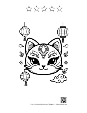 Thumbnail: Kitten Wearing a Decorative Mask with Lantern and Flower Elements Printable and 5 Star Outline