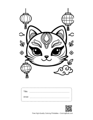 Thumbnail: Kitten Wearing a Decorative Mask with Lantern and Flower Elements Printable with Title and Artist Box