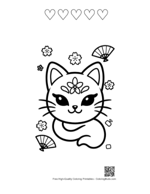 Thumbnail: Kitten Wearing an Ornate Mask with Floral and Fan Elements Printable and 5 Heart Outline