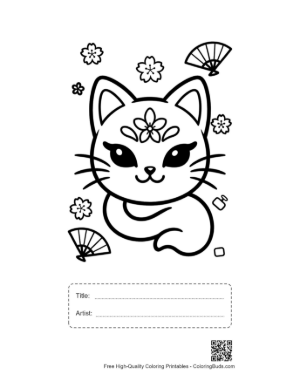 Thumbnail: Kitten Wearing an Ornate Mask with Floral and Fan Elements Printable with Title and Artist Box