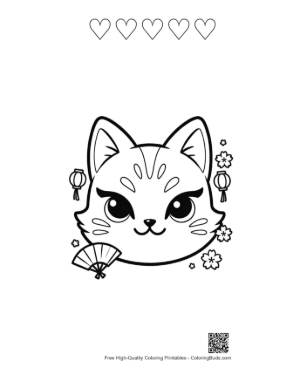 Thumbnail: Pretty Cat Face Featuring a Traditional Mask with Spring Flowers Printable and 5 Heart Outline