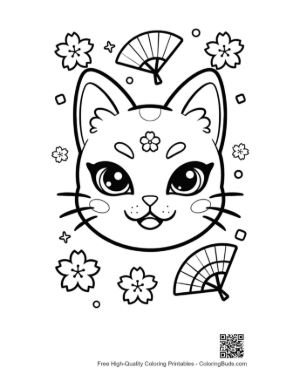 Thumbnail: Pretty Cat Head with a Floral Mask and Oriental Fan Design Printable