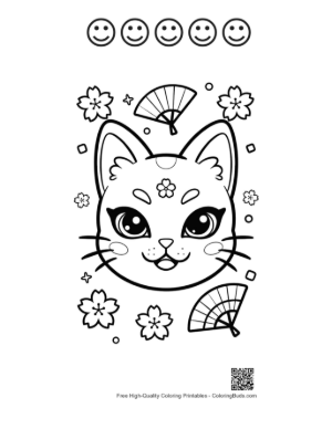 Thumbnail: Pretty Cat Head with a Floral Mask and Oriental Fan Design Printable and 5 Happy Face Outline