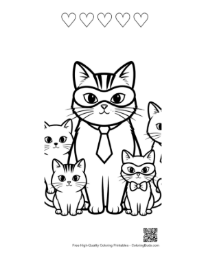 Thumbnail: Superhero Dad Cat with Masked Kitten Family Printable and 5 Heart Outline