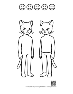 Thumbnail: Two Angry Cat-Masked Humanoids Standing Printable and 5 Happy Face Outline