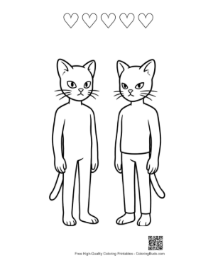 Thumbnail: Two Angry Cat-Masked Humanoids Standing Printable and 5 Heart Outline