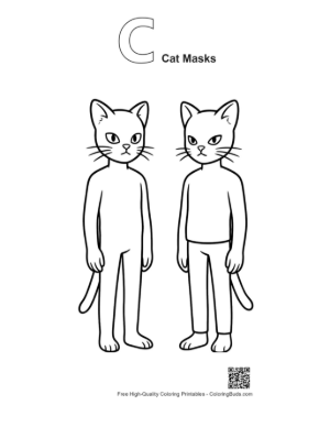 Thumbnail: Two Angry Cat-Masked Humanoids Standing Printable Outline Alphabet C Cat Masks