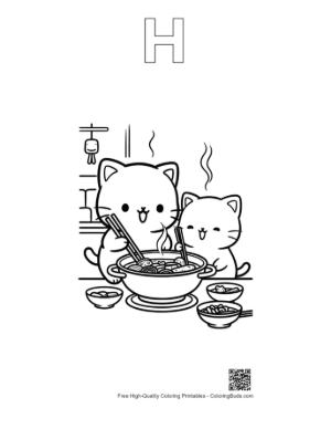 Thumbnail: Adorable Chibi Cats Cooking Dinner in a Cozy Kitchen Printable Outline Alphabet H