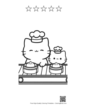 Thumbnail: Adorable Chibi Cats Enjoying a Feast of Dim Sum Printable and 5 Star Outline