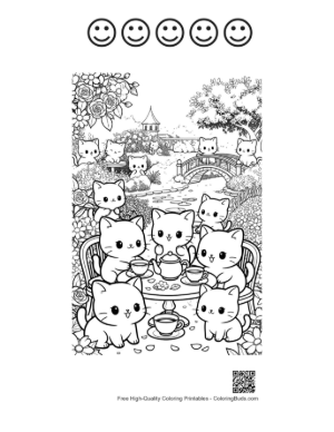 Thumbnail: Chibi Cats Enjoying a Fancy Tea Party Outdoors Printable and 5 Happy Face Outline