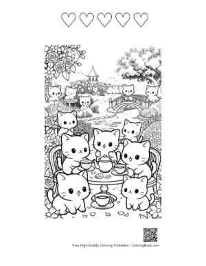 Thumbnail: Chibi Cats Enjoying a Fancy Tea Party Outdoors Printable and 5 Heart Outline