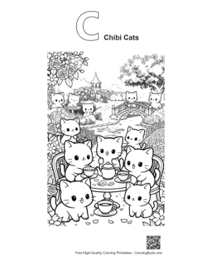 Thumbnail: Chibi Cats Enjoying a Fancy Tea Party Outdoors Printable Outline Alphabet C Chibi Cats